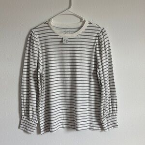 Maurices 24/7 White Pinstriped Long Sleeve Crewneck Top With Balloon Sleeves
